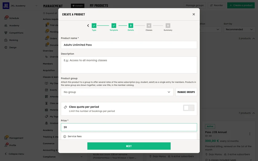 The top of the Details step: product name, description, product group and price