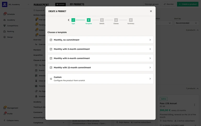 The second step of the wizard, with the templates offered for a monthly subscription and the Custom card