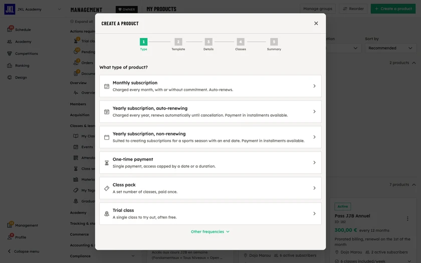 The first step of the wizard, with the type cards: monthly subscription, yearly subscription auto-renewing or non-renewing, one-time payment, class pack and trial class