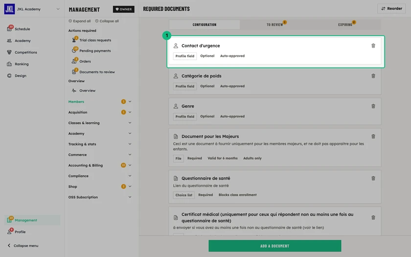 The required document created from the Emergency contact template, named Contact d'urgence by the club, in the configuration: of type profile field, left optional and auto-approved