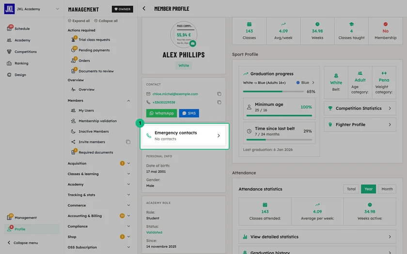 The Emergency contacts card on a member's profile, below their contact details, which opens the contact list and the Add a contact button