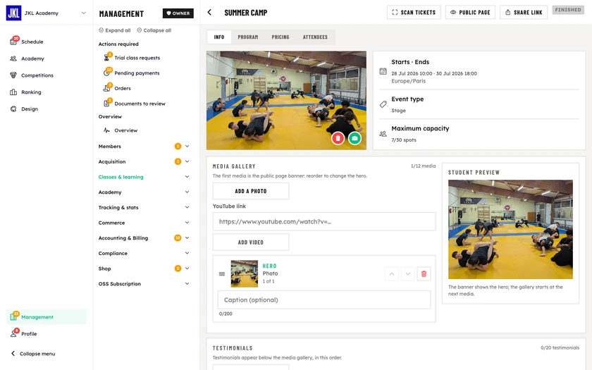An event page, with its Info, Program, Pricing and Attendees tabs
