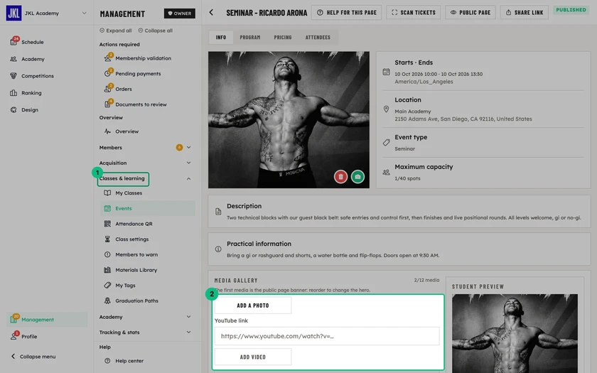 An event's Info tab, with the Media gallery and Testimonials blocks highlighted