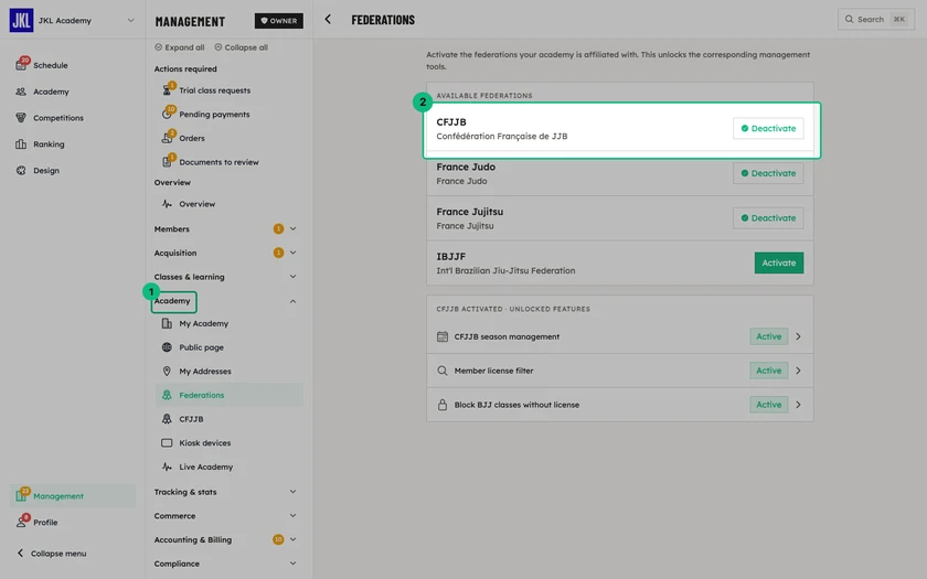 The Federations screen, with the list of available federations and the unlocked access block for CFJJB