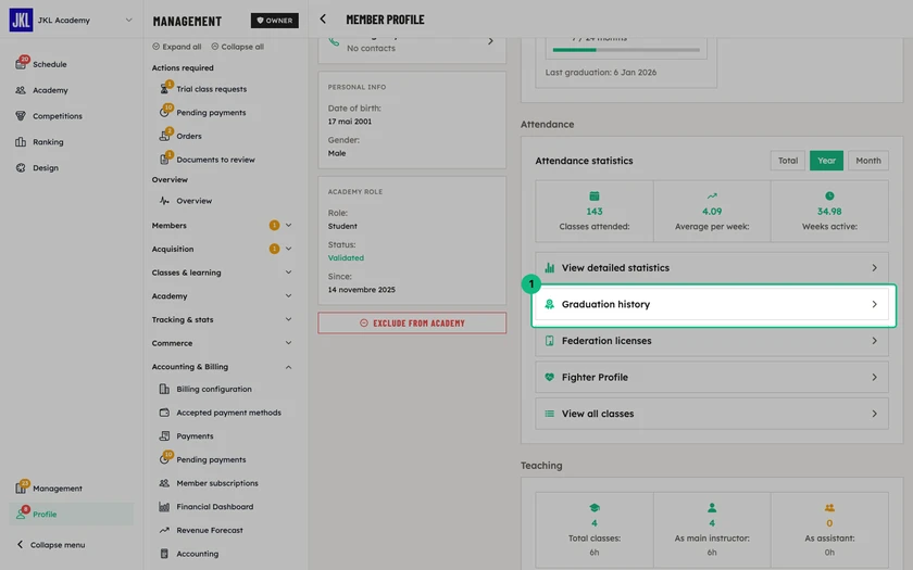 A member's profile, with the Graduation history row outlined, which leads to the history and the Add button