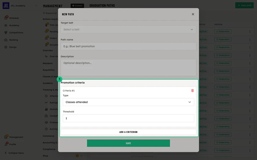 The New path form, with the target belt, name, description and the Promotion criteria block outlined