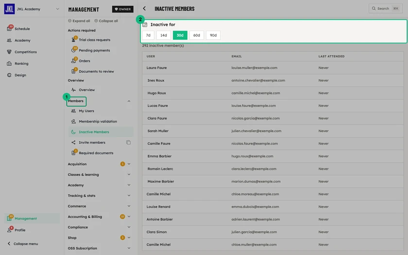 The Inactive members screen, with the period choice and the list of members and their last attendance
