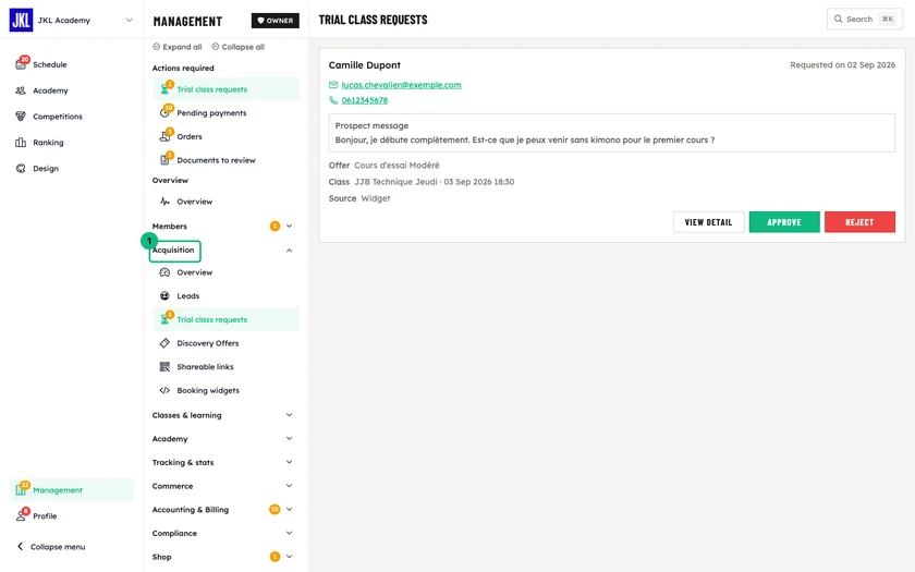 The Trial class requests screen: a request with the prospect's contact details, message, offer, class and the View detail, Approve and Reject buttons