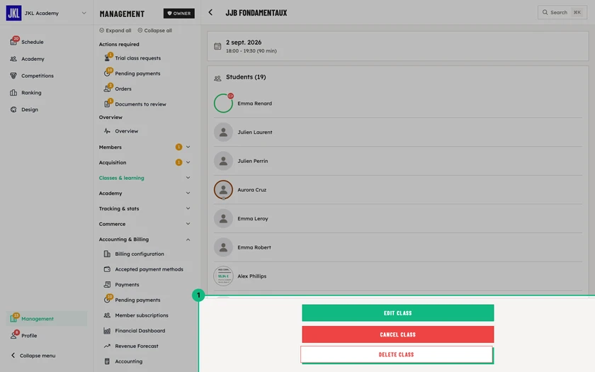 The session detail, with the Edit class, Cancel class and Delete class buttons outlined