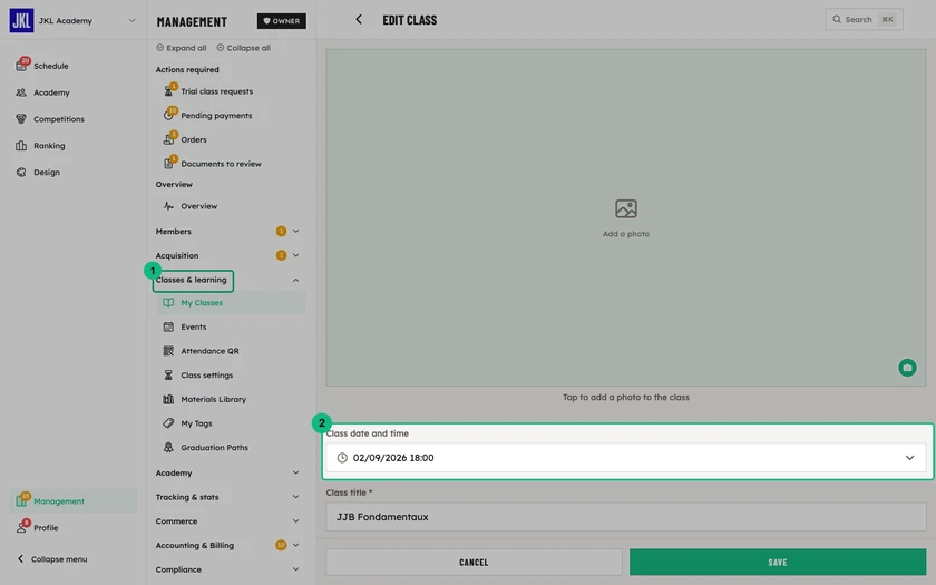 The session edit screen, with the Class date and time field outlined