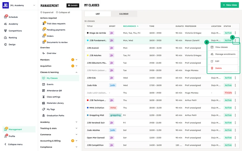 The menu opened at the end of a class row, with the options View classes, Manage enrollments, Edit and Delete