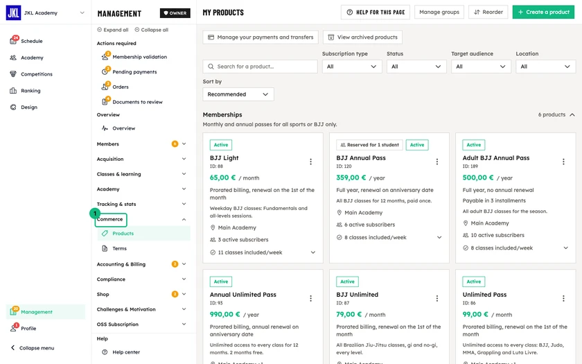 The My Products list on a computer, with the search and filter bar highlighted, and the Manage groups, Reorder and Create a product buttons at the top right