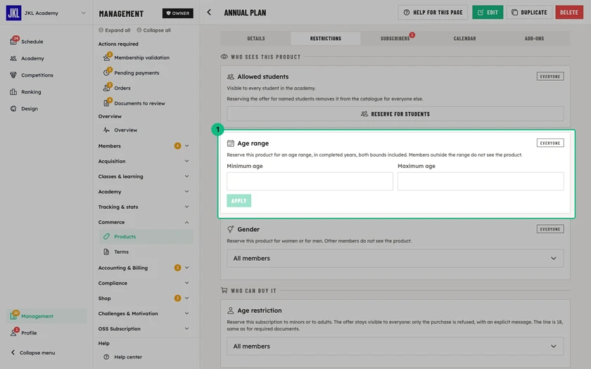 A product's Restrictions tab: Allowed students, Age range and Gender under "Who sees this product", then Age restriction under "Who can buy it"
