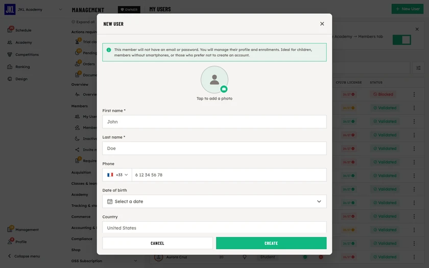 The New user form for a managed account: first name, last name, phone, date of birth and country, with no email or password
