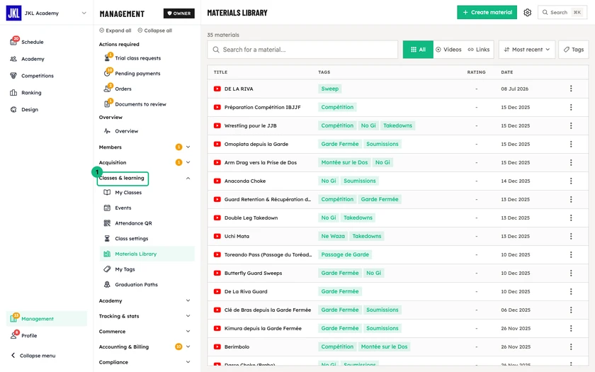 The materials library, with search, the Videos and Links filters, sorting and the list of materials with their tags and rating