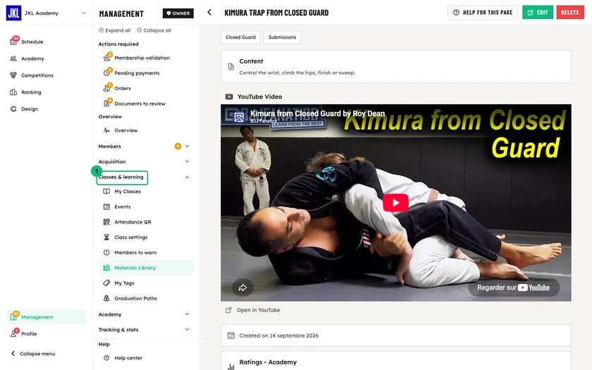 A material's page: its content, its video and the Edit and Delete buttons; the Classes and Students tabs are further down