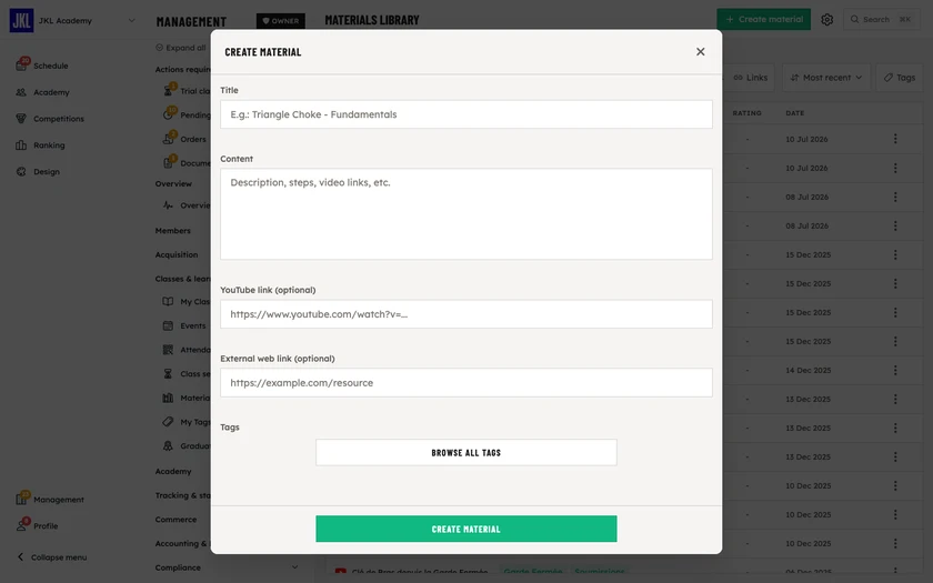 The Create material form: title, content, YouTube link, web link and tags