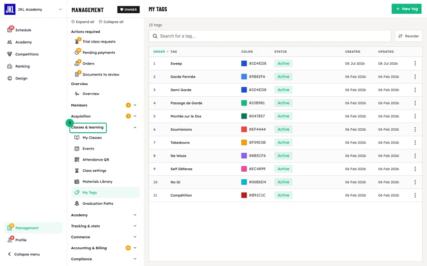 The My Tags screen, with the order, name, color and status of each tag