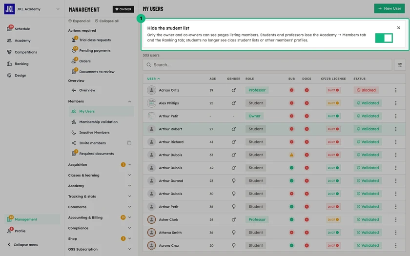 The Hide the student list setting at the top of the member list, with its explanation