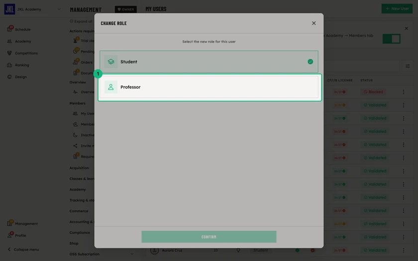 The Change role screen, with the Student and Professor choices and the Confirm button