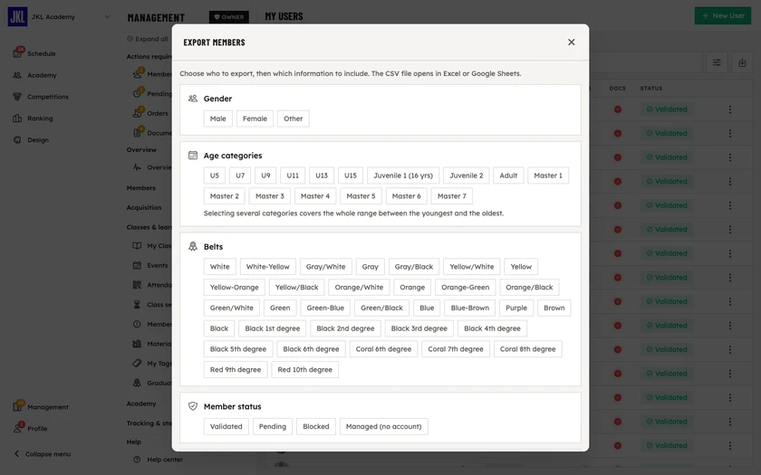 The Export members window: choose who to export by gender, age category, belt and status, before the information to include