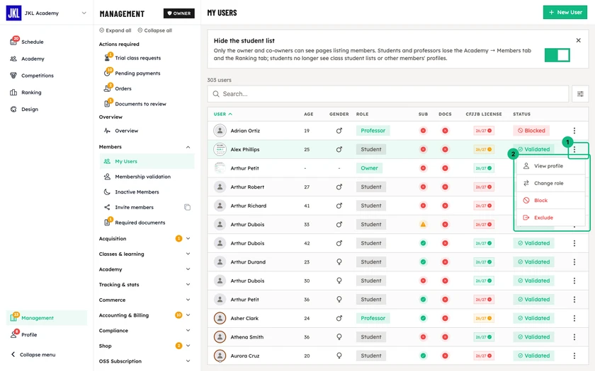 The member list, with the menu opened at the end of a row: View profile, Change role, Block, Exclude