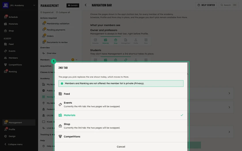 The list of pages open on the 2nd tab, with the current page checked