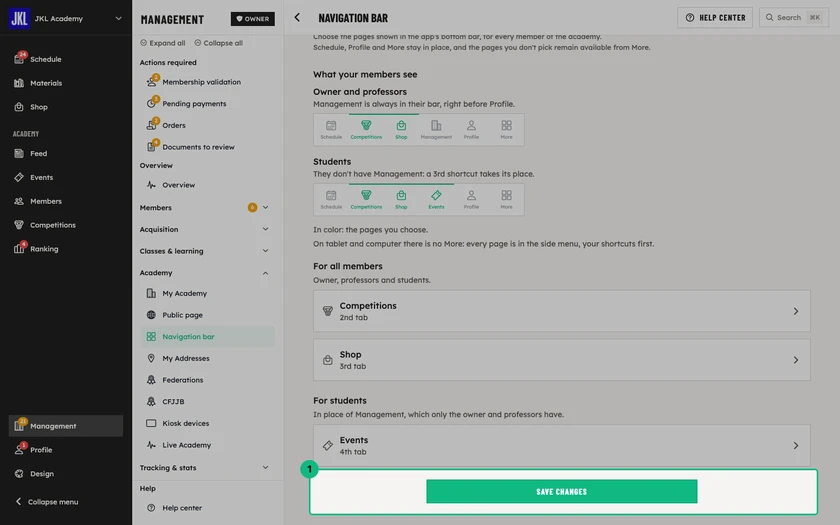 The Save changes button at the bottom of the screen, after picking a new page