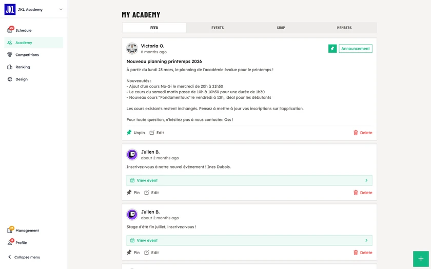 The academy feed, with a pinned post marked Announcement and the create button reserved for owners and professors