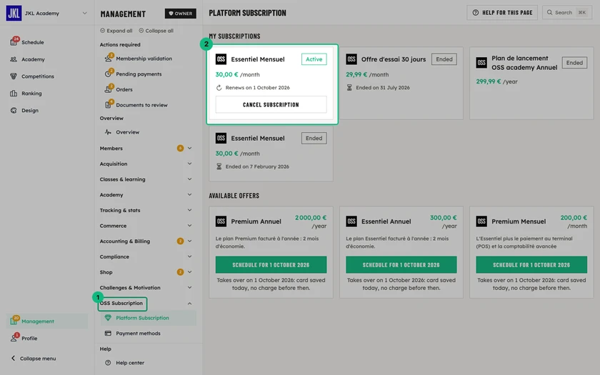 The academy's active platform subscription, with its renewal date and the Cancel subscription button