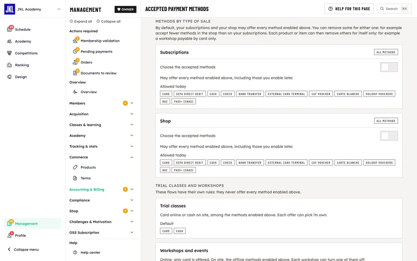 The Methods by type of sale section, with the Subscriptions and Shop cards, the Choose the accepted methods option and the ticked methods