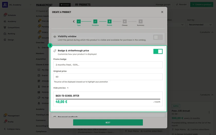 The Badge & strikethrough price block enabled, with the Original price filled in and the preview of the card as a member sees it