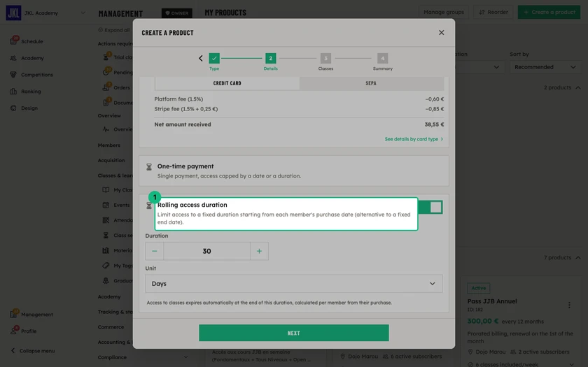 The Rolling access duration block enabled, with the chosen duration and unit