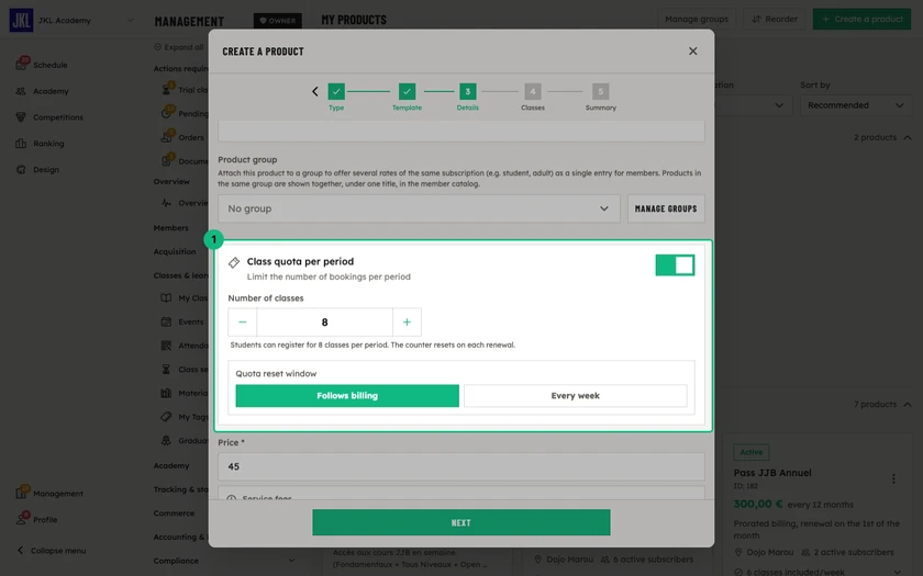 The Class quota per period block enabled, with the number of classes and the reset window