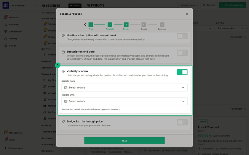 The Visibility window block enabled, with the Visible from and Visible until dates