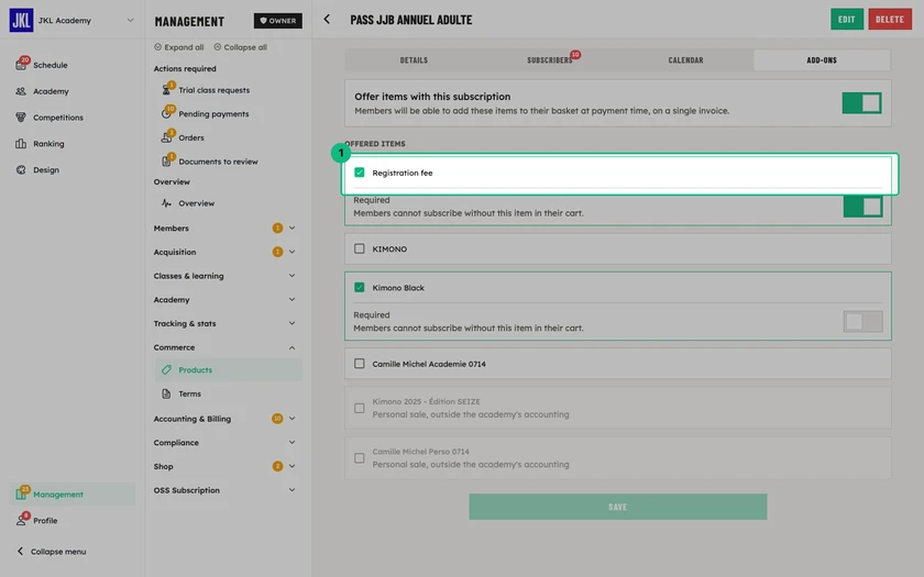 The Add-ons tab of a membership product, with the switch turned on and the list of offered items