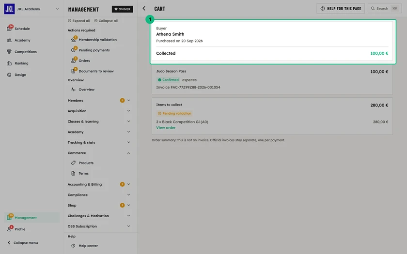 The Cart summary of a combined purchase: the buyer, the purchase date, the amount collected including the items share, then the Subscription line and the Items line with their View order link