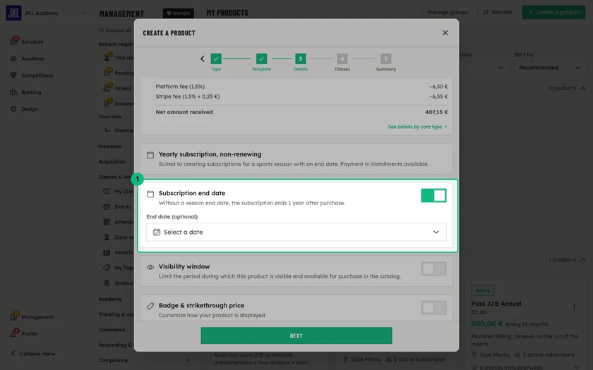 The Subscription end date block of a season membership, with the End date field to fill in