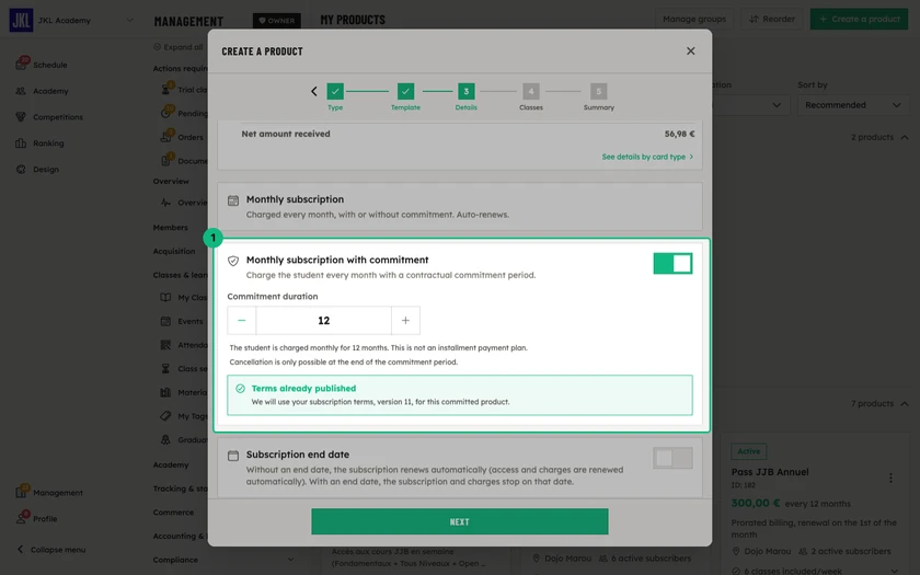 The Monthly subscription with commitment block enabled for 12 months, and the Terms already published notice with the version that will be used