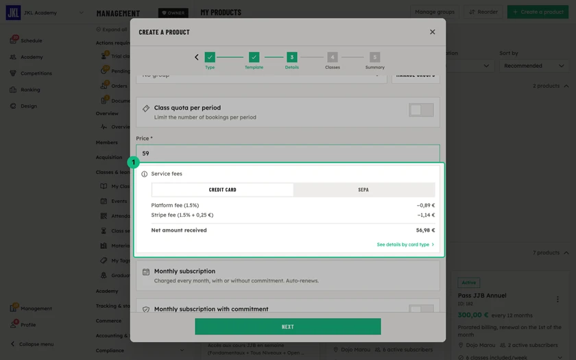 The fee breakdown under the price: platform fee, Stripe fee, and the net amount received