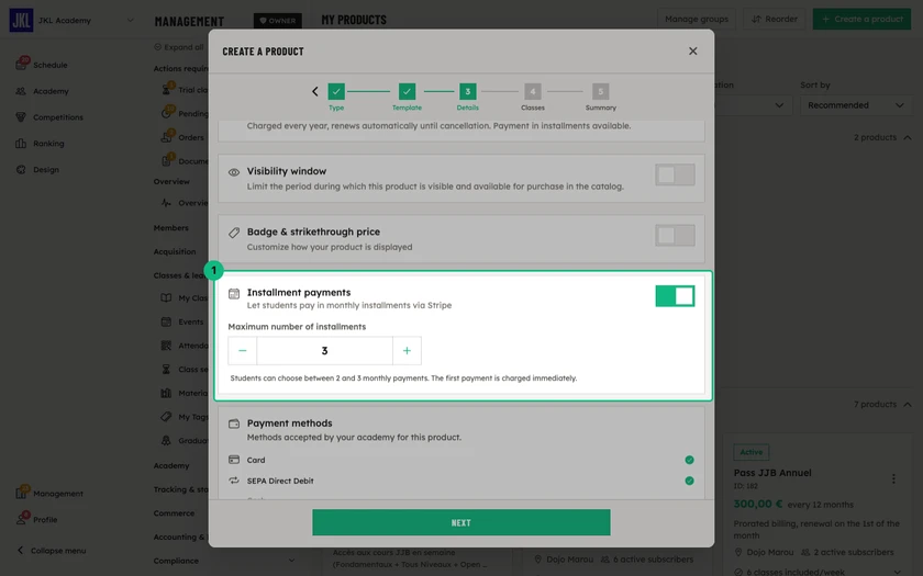 The Installment payments block enabled, with the maximum number of installments set to 3