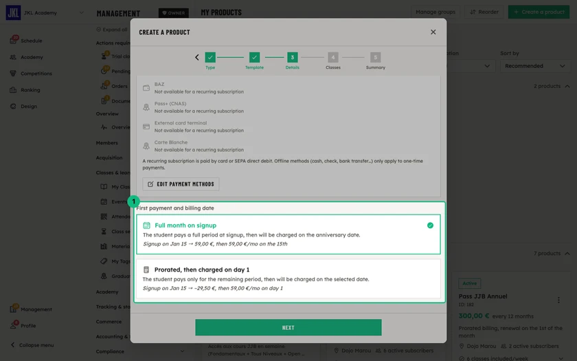 The First payment and billing date block, with the two cards Full month on signup and Prorated, then charged on day 1