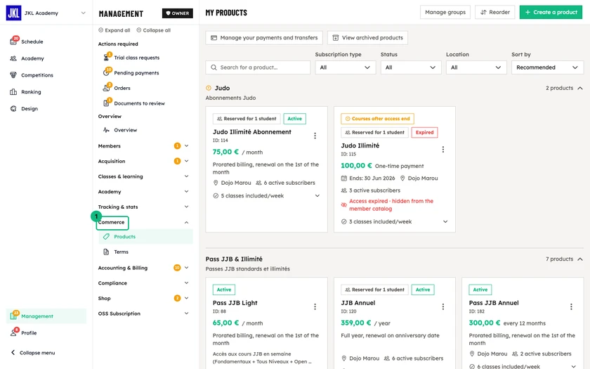 Your product list, where each group forms a block with its name, description and product count