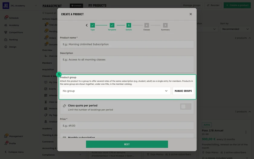 The Product group field in a product's details, with the dropdown of groups and the Manage groups button