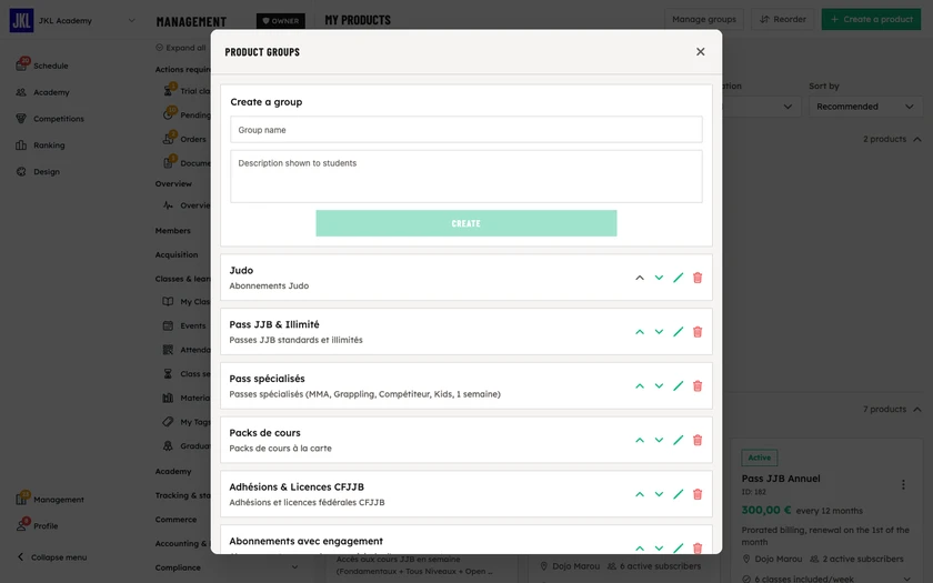 The Product groups window, with the creation form and the list of existing groups with their description