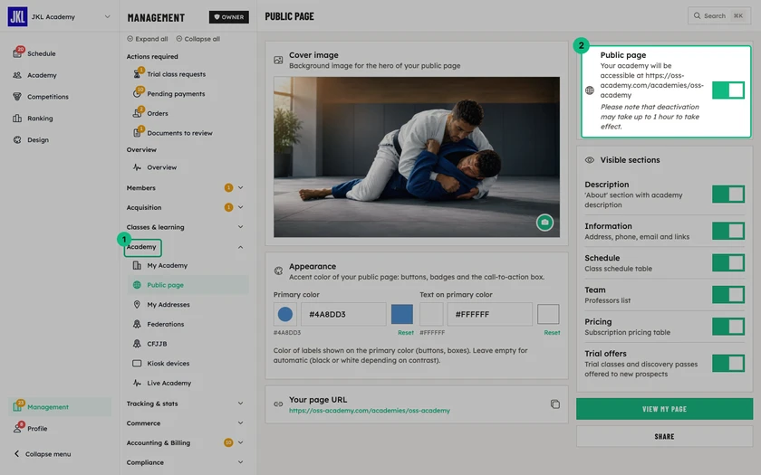 The Public page screen, with the activation switch, the cover image, the colors and the page URL