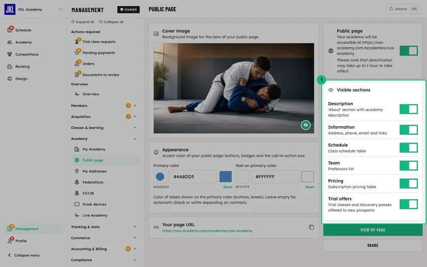 The Visible sections block of the public page, with one switch per section