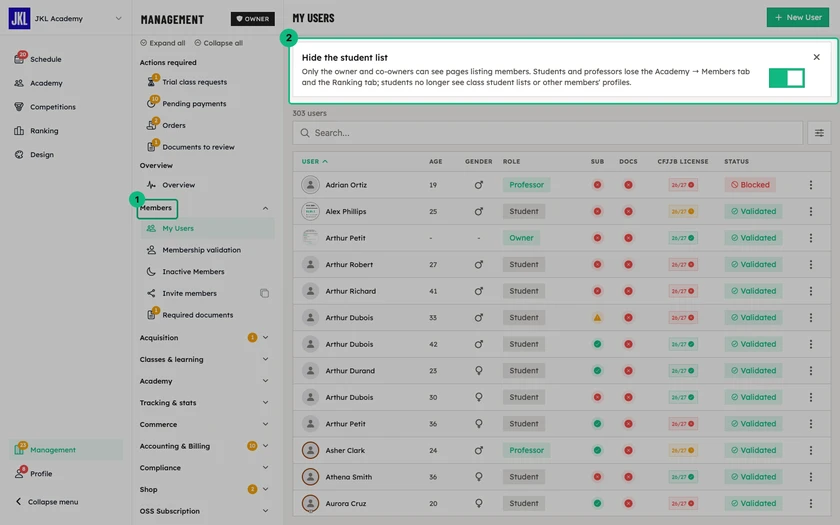 The Hide the student list setting at the top of the My Users page