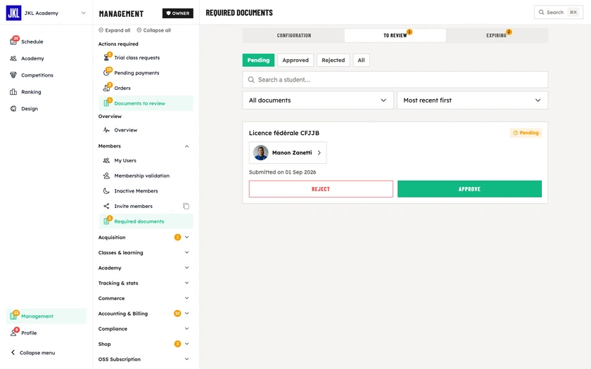 The To review tab: Pending, Approved, Rejected and All filters, and a pending federal license submission with the Approve and Reject buttons