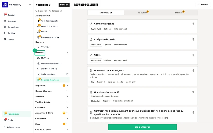 The Configuration tab of required documents, with the document list and their Required, Auto-approved or Adults only badges